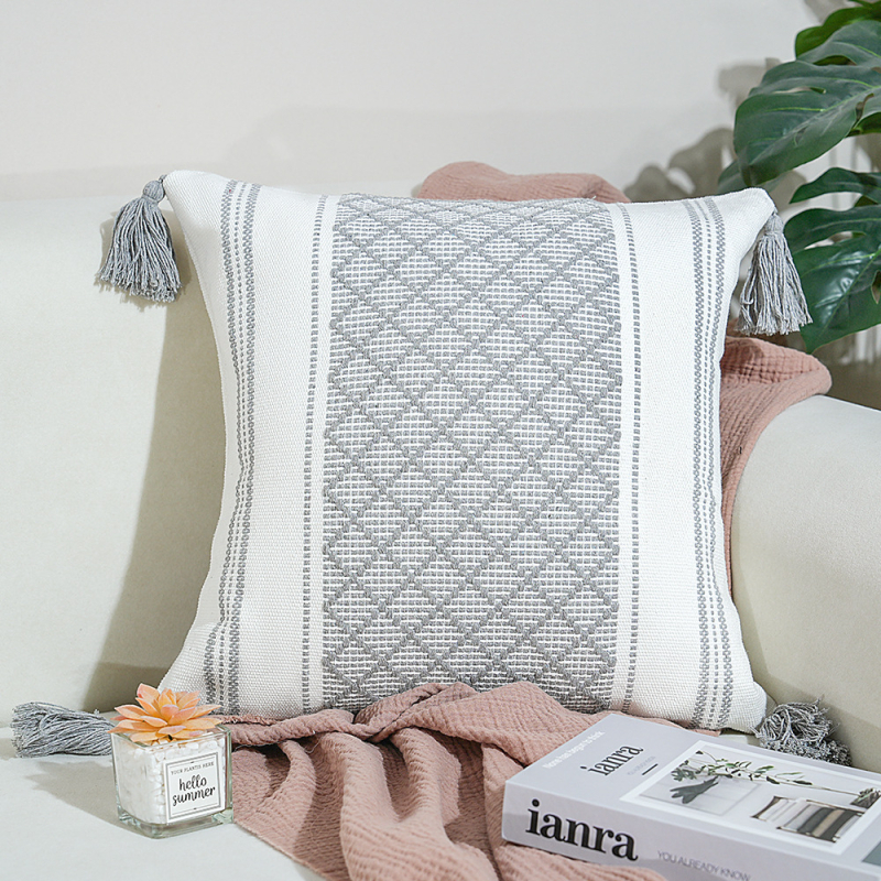 Perna Jacquard cu ciucuri – pătrată, husă din poliester-cotton, umplutură PP, proces personalizabil, stil modern minimalist