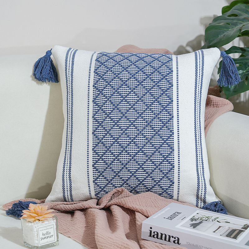 Perna Jacquard cu ciucuri – pătrată, husă din poliester-cotton, umplutură PP, proces personalizabil, stil modern minimalist