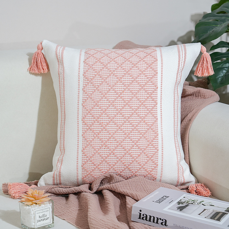 Perna Jacquard cu ciucuri – pătrată, husă din poliester-cotton, umplutură PP, proces personalizabil, stil modern minimalist