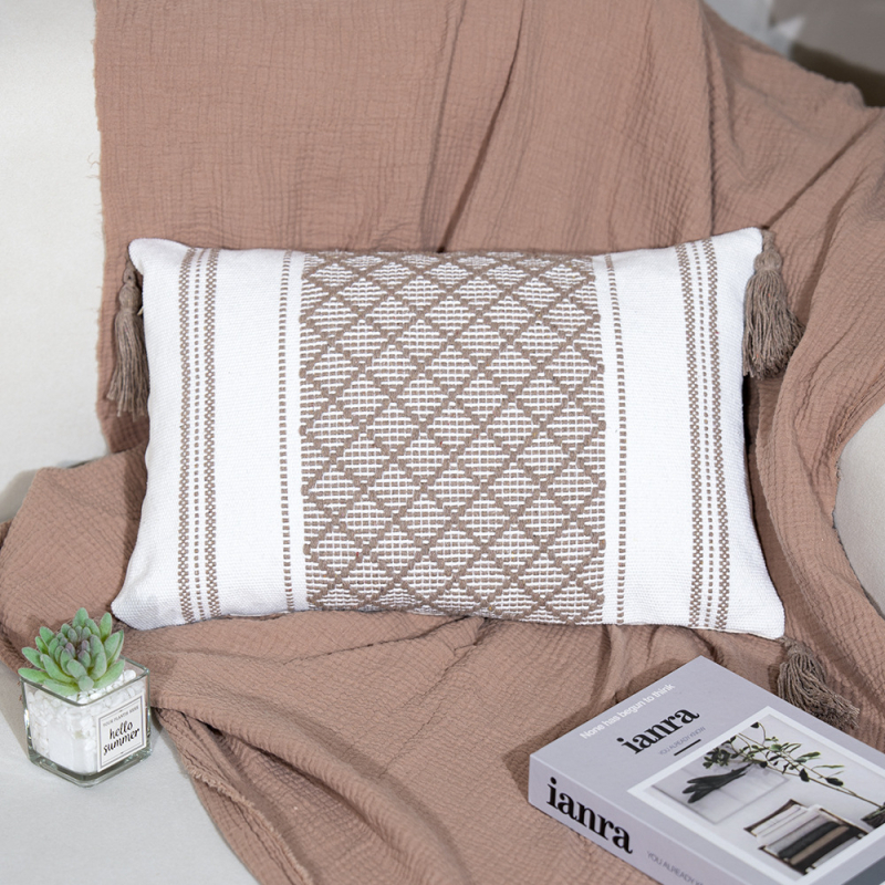 Perna Jacquard cu ciucuri – pătrată, husă din poliester-cotton, umplutură PP, proces personalizabil, stil modern minimalist