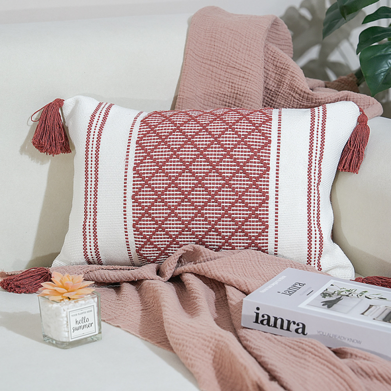 Perna Jacquard cu ciucuri – pătrată, husă din poliester-cotton, umplutură PP, proces personalizabil, stil modern minimalist