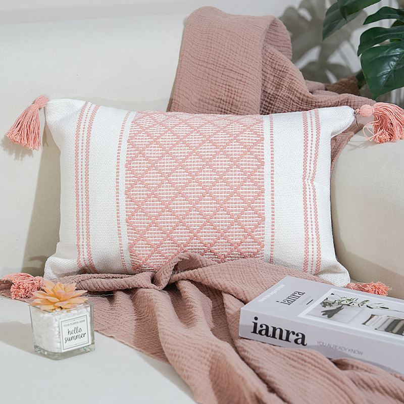 Perna Jacquard cu ciucuri – pătrată, husă din poliester-cotton, umplutură PP, proces personalizabil, stil modern minimalist