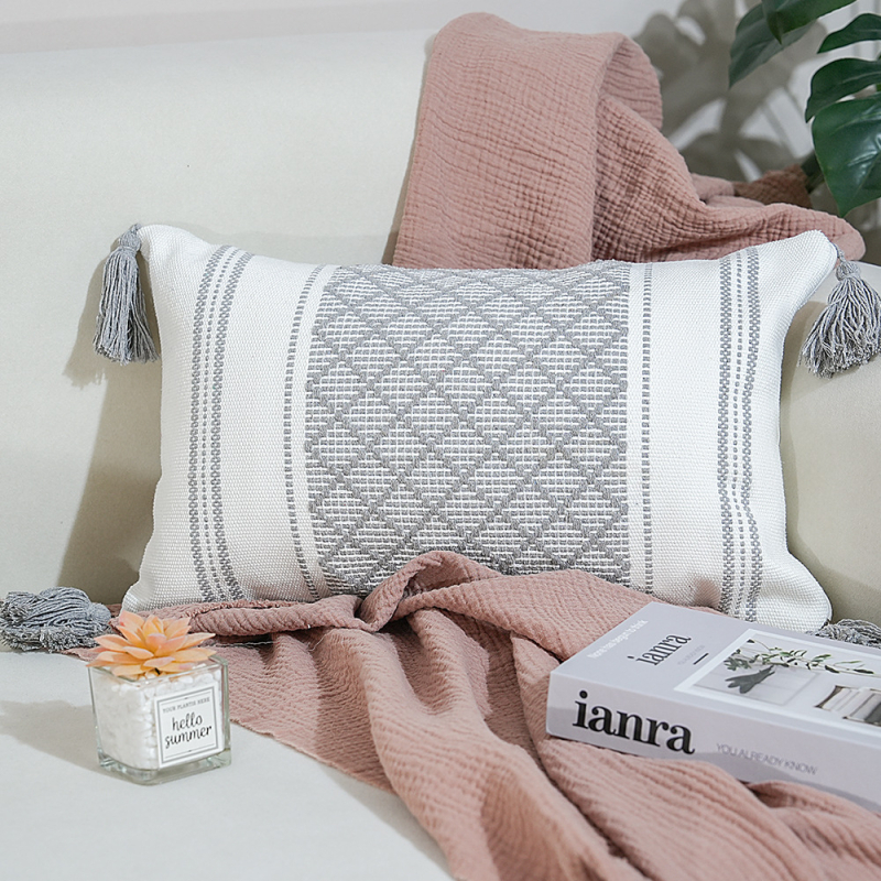 Perna Jacquard cu ciucuri – pătrată, husă din poliester-cotton, umplutură PP, proces personalizabil, stil modern minimalist