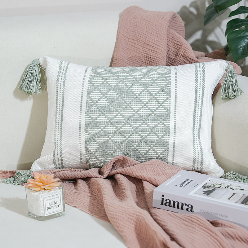 Perna Jacquard cu ciucuri – pătrată, husă din poliester-cotton, umplutură PP, proces personalizabil, stil modern minimalist