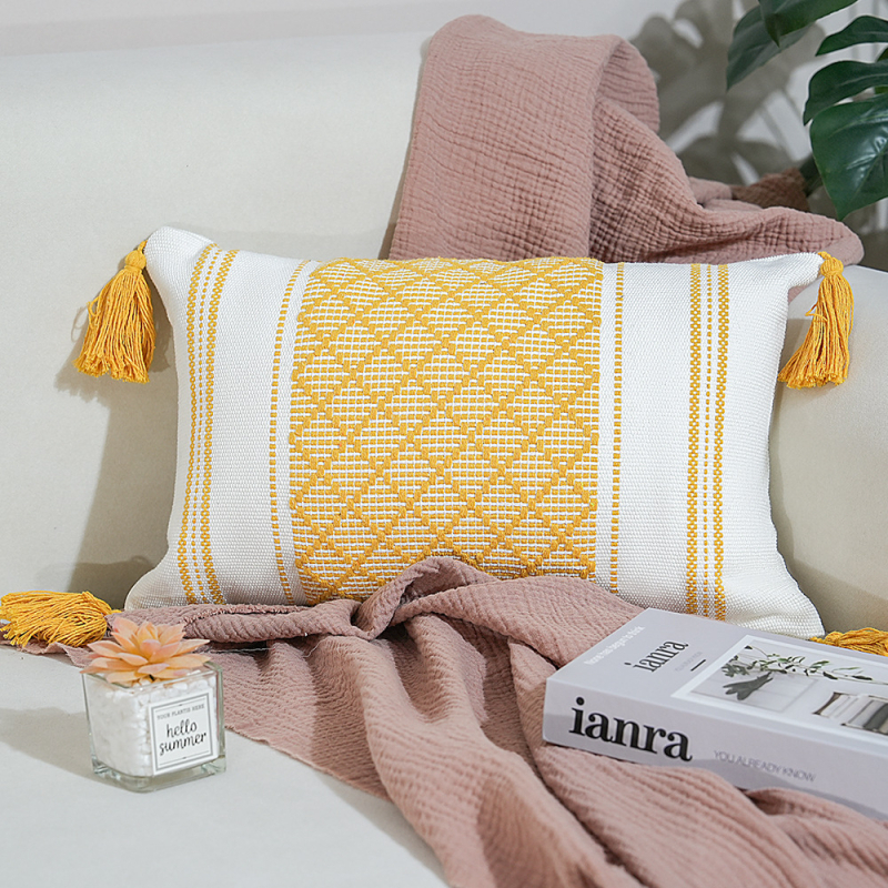 Perna Jacquard cu ciucuri – pătrată, husă din poliester-cotton, umplutură PP, proces personalizabil, stil modern minimalist