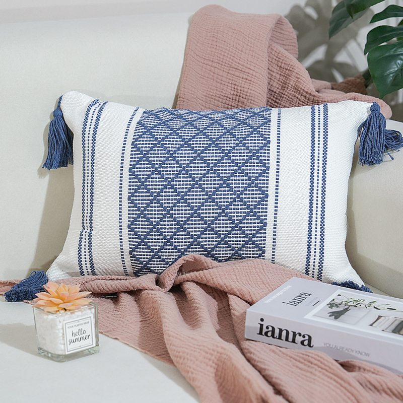 Perna Jacquard cu ciucuri – pătrată, husă din poliester-cotton, umplutură PP, proces personalizabil, stil modern minimalist