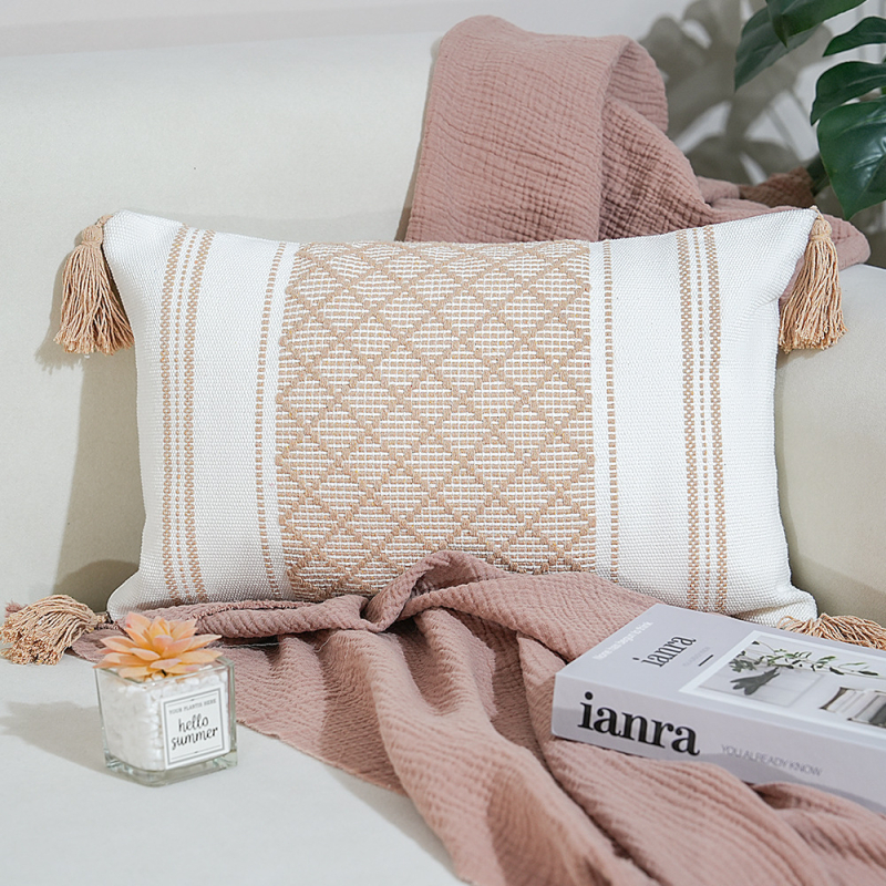 Perna Jacquard cu ciucuri – pătrată, husă din poliester-cotton, umplutură PP, proces personalizabil, stil modern minimalist