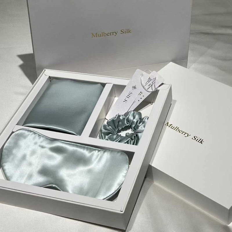 3 részes selyem készlet: párnahuzat, szemmaszk, hajgumi | 100% mulberry selyem, satin szövés, reaktív festés