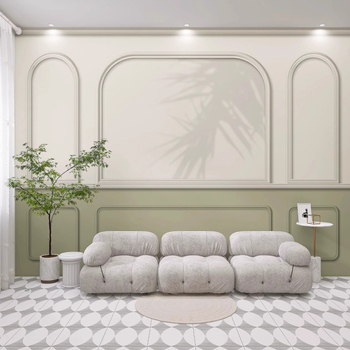 Sienų tapetai: prancūziškos gipso linijos dizainas, šilko medžiaga, dėmių atsparumas