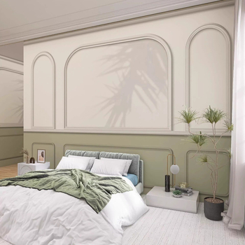 Sienų tapetai: prancūziškos gipso linijos dizainas, šilko medžiaga, dėmių atsparumas