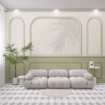 Sienų tapetai: prancūziškos gipso linijos dizainas, šilko medžiaga, dėmių atsparumas