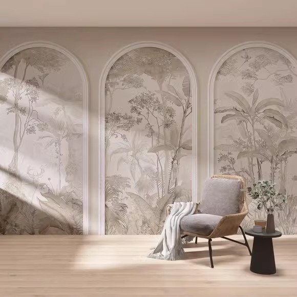 Sienų tapetai: prancūziškos gipso linijos dizainas, šilko medžiaga, dėmių atsparumas