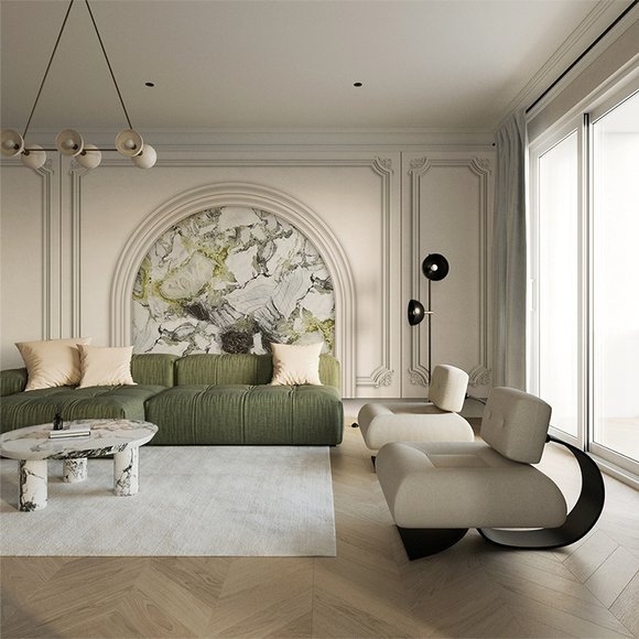 Sienų tapetai: prancūziškos gipso linijos dizainas, šilko medžiaga, dėmių atsparumas