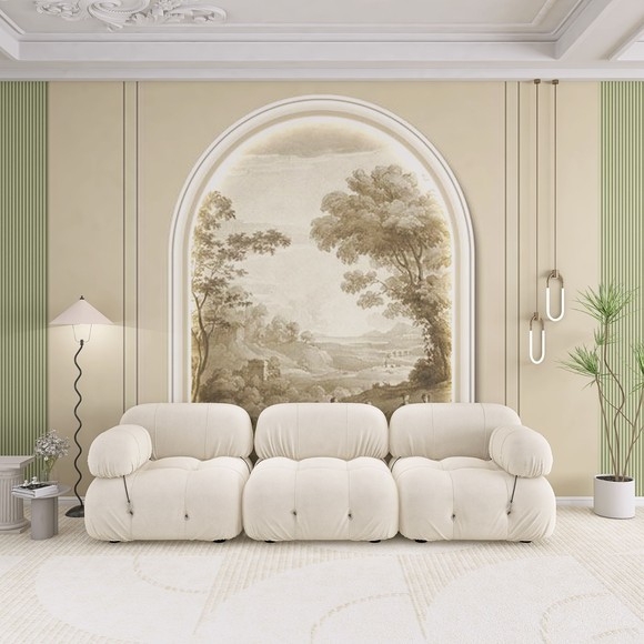 Sienų tapetai: prancūziškos gipso linijos dizainas, šilko medžiaga, dėmių atsparumas