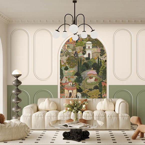 Sienų tapetai: prancūziškos gipso linijos dizainas, šilko medžiaga, dėmių atsparumas