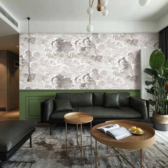 Sienų tapetai: prancūziškos gipso linijos dizainas, šilko medžiaga, dėmių atsparumas