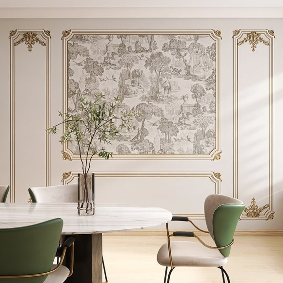 Sienų tapetai: prancūziškos gipso linijos dizainas, šilko medžiaga, dėmių atsparumas