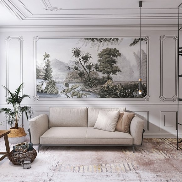 Sienų tapetai: prancūziškos gipso linijos dizainas, šilko medžiaga, dėmių atsparumas