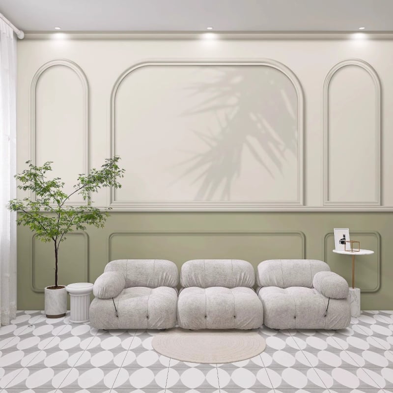 Sienų tapetai: prancūziškos gipso linijos dizainas, šilko medžiaga, dėmių atsparumas