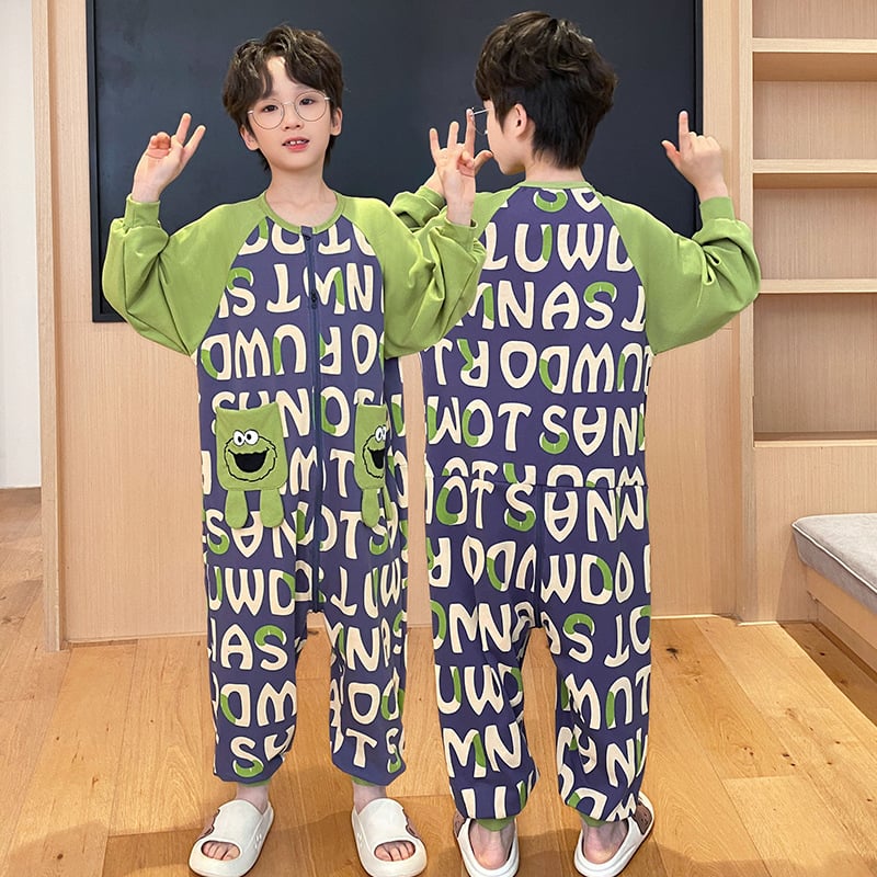 Vaikų vienos dalies naktiniai drabužiai, 95% medvilnė, unisex, 2025 m. pavasaris, animacinių filmų raštai, anti-statinis ir drėgmės pašalinimas