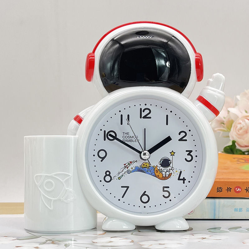 Будилник с гласа на астронавт за деца – кръгъл ABS корпус, механично движение, индикаторен дисплей, захранване със суха клетка