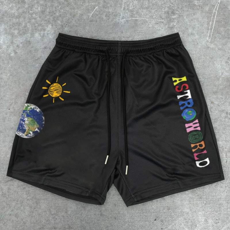 Krepšinio šortai, sportiniai, greitai džiūstantys, kvėpuojantys, išspausdinti, tiesus kirpimas (80% poliesteris; mikroelastinis)