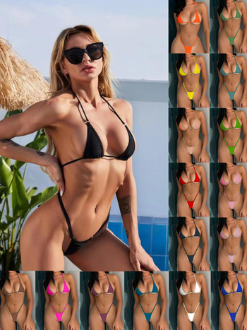 Bikini | Trijų taškų viršus su dirželiais, atviras nugara | Nailono audinys; pamušalas 5% spandenso; svoris 195 g
