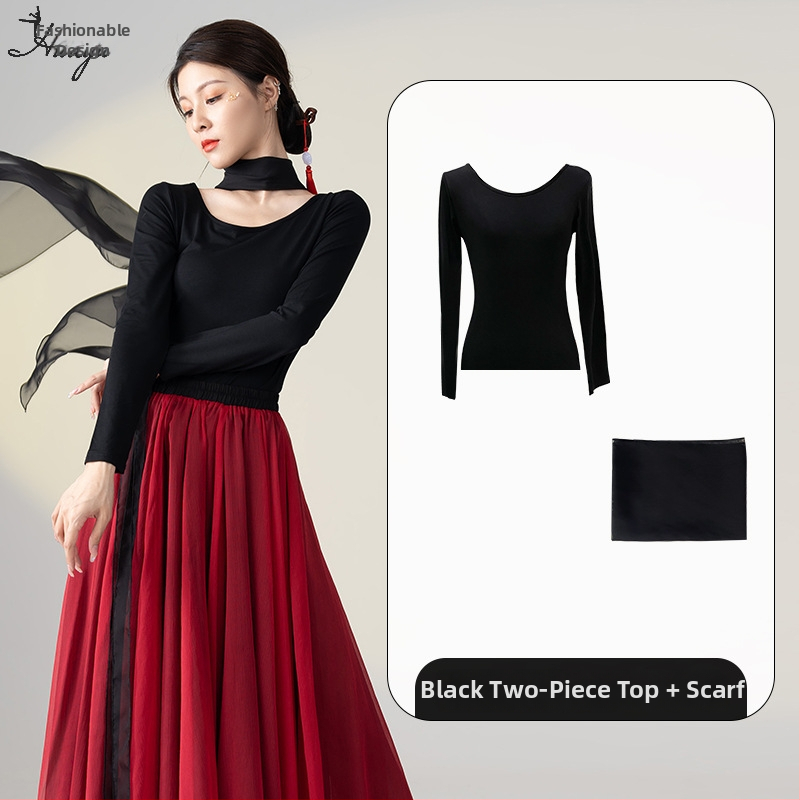 Šokių kostiumas klasikinio kinų etninio stiliaus šokiams, ilgas plaukiantis suknelės komplektas, Modal + Tencel Wrinkle audinys, 30% medvilnė