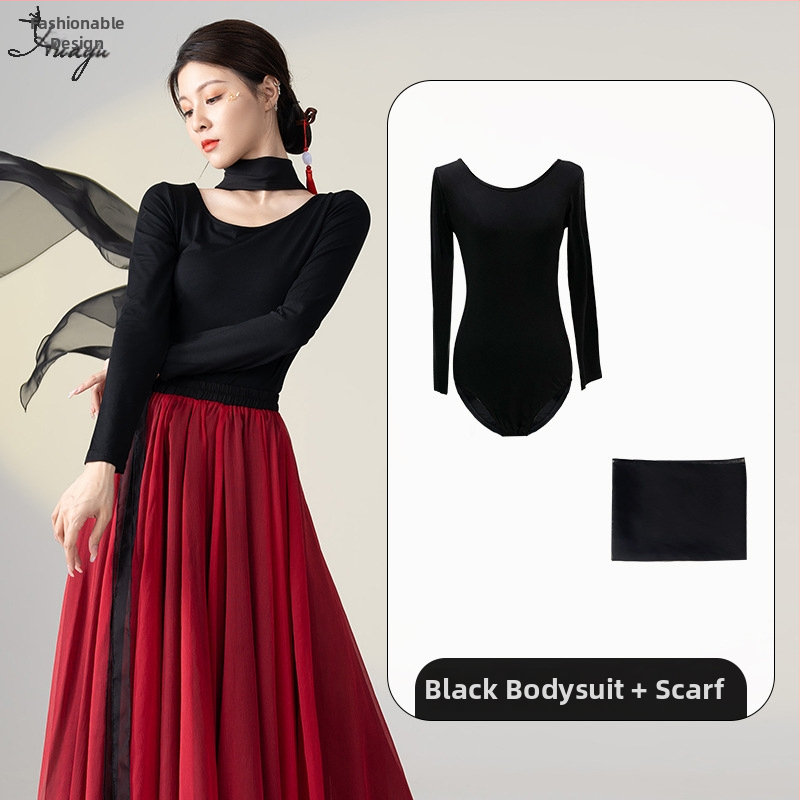 Šokių kostiumas klasikinio kinų etninio stiliaus šokiams, ilgas plaukiantis suknelės komplektas, Modal + Tencel Wrinkle audinys, 30% medvilnė