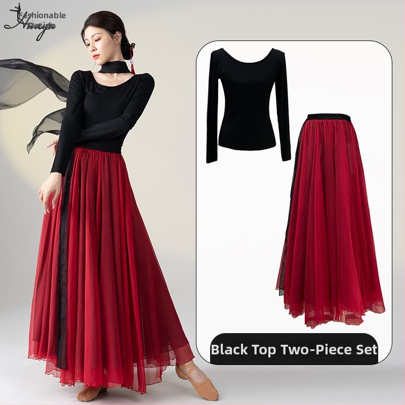 Šokių kostiumas klasikinio kinų etninio stiliaus šokiams, ilgas plaukiantis suknelės komplektas, Modal + Tencel Wrinkle audinys, 30% medvilnė