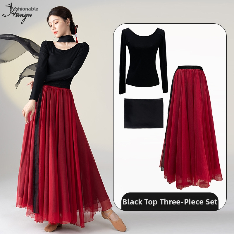 Šokių kostiumas klasikinio kinų etninio stiliaus šokiams, ilgas plaukiantis suknelės komplektas, Modal + Tencel Wrinkle audinys, 30% medvilnė