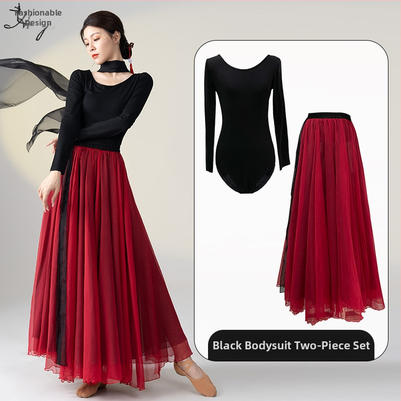 Šokių kostiumas klasikinio kinų etninio stiliaus šokiams, ilgas plaukiantis suknelės komplektas, Modal + Tencel Wrinkle audinys, 30% medvilnė