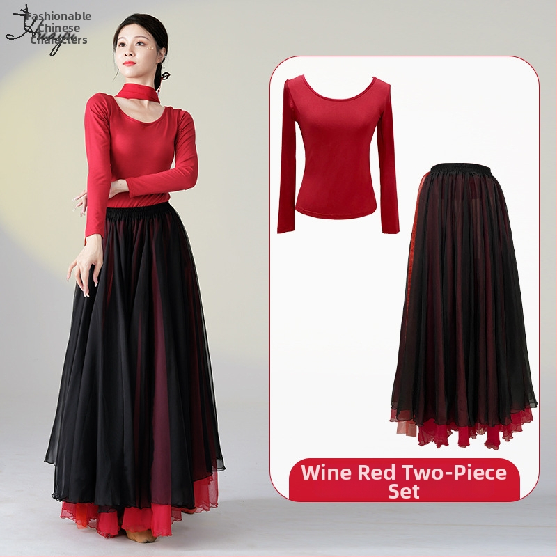 Šokių kostiumas klasikinio kinų etninio stiliaus šokiams, ilgas plaukiantis suknelės komplektas, Modal + Tencel Wrinkle audinys, 30% medvilnė