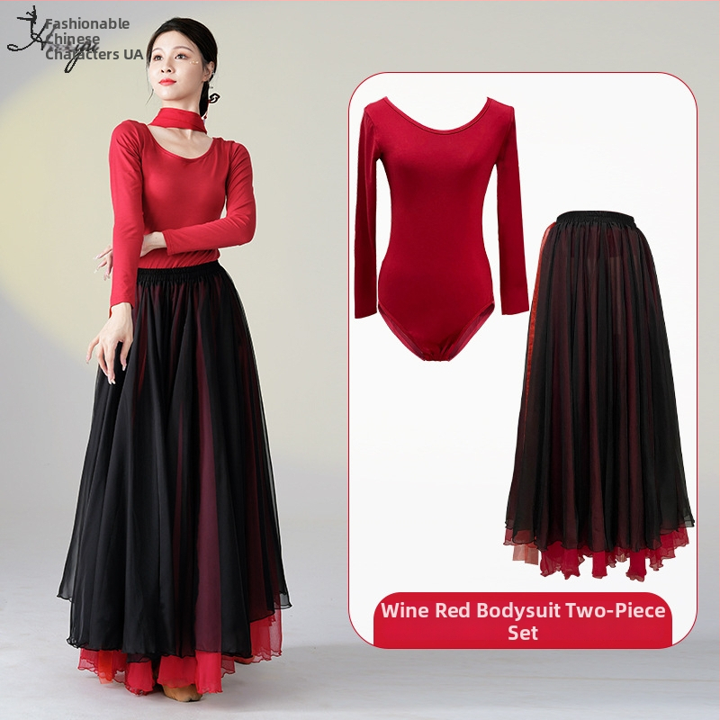 Šokių kostiumas klasikinio kinų etninio stiliaus šokiams, ilgas plaukiantis suknelės komplektas, Modal + Tencel Wrinkle audinys, 30% medvilnė