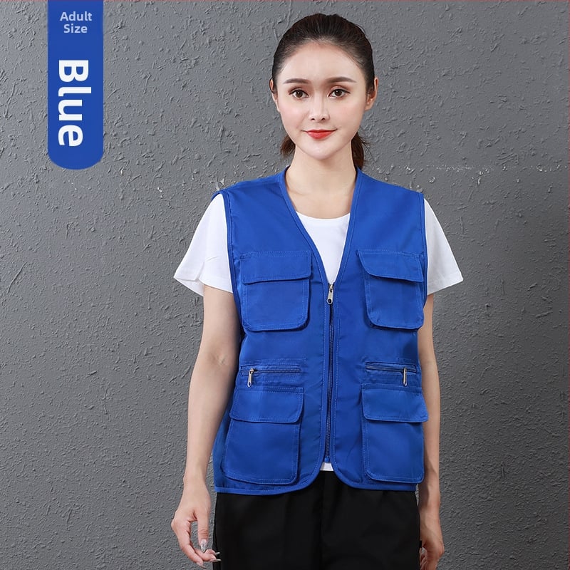 Работен жилет за доброволци с персонализирано лого, джобове с 3D патч, цип отпред, V-образно деколте, полиестер с памучна подплата