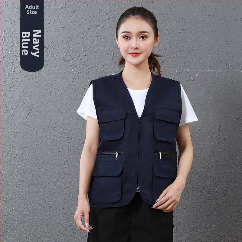 Работен жилет за доброволци с персонализирано лого, джобове с 3D патч, цип отпред, V-образно деколте, полиестер с памучна подплата