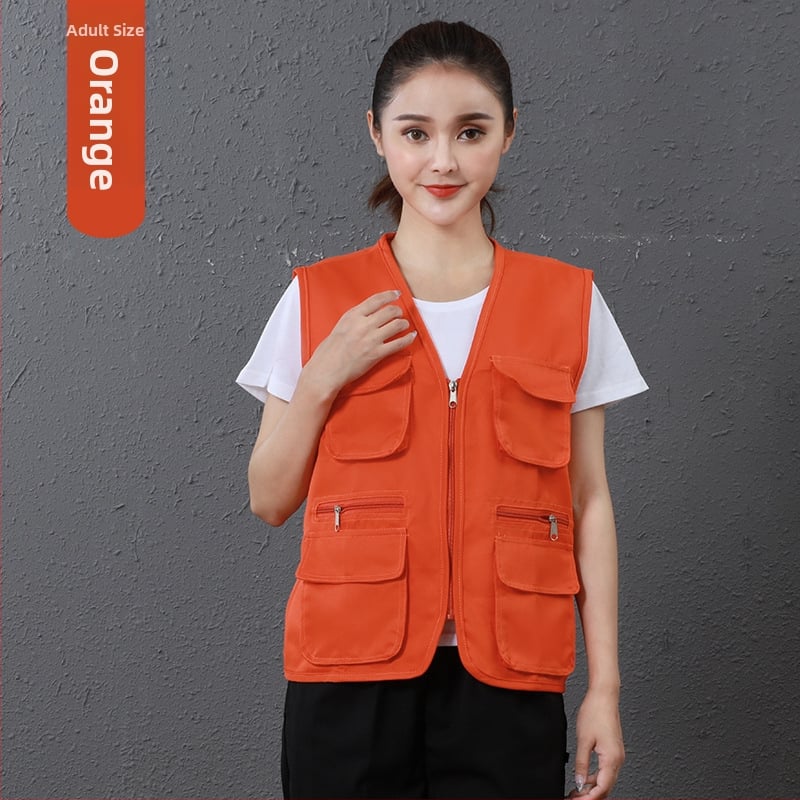 Работен жилет за доброволци с персонализирано лого, джобове с 3D патч, цип отпред, V-образно деколте, полиестер с памучна подплата