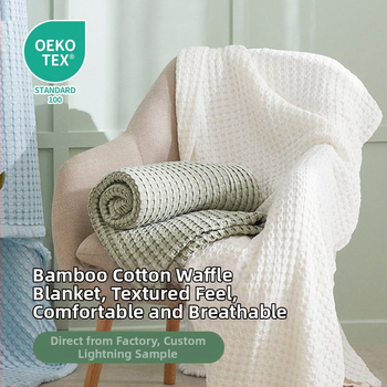 Skandináv stílusú kanapé pléd, waffle kötésű, 50% bambuszrost + 50% pamut, kevesebb mint 300 g, minden évszakra alkalmas.
