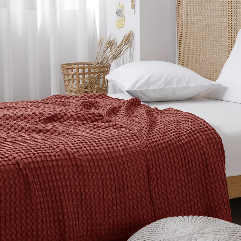 Skandináv stílusú kanapé pléd, waffle kötésű, 50% bambuszrost + 50% pamut, kevesebb mint 300 g, minden évszakra alkalmas.