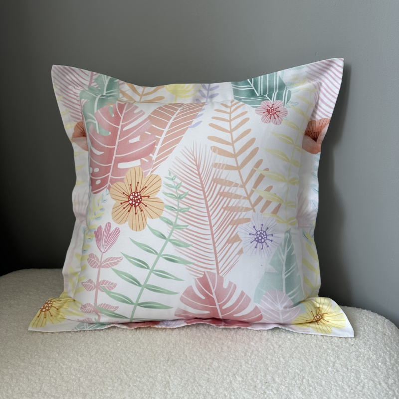 Párnahuzat pamutszövetből, poliészter töltőanyag, pastorális virágmintás, szövött anyag, négyzet alakú