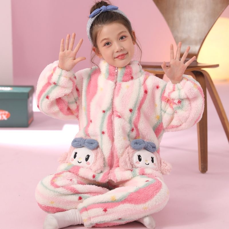 Vaikų žiemos naktiniai su užtrauktuvu, storas fliso pamušalas, dryžių raštas, stovinčios apykaklės, 95% poliester