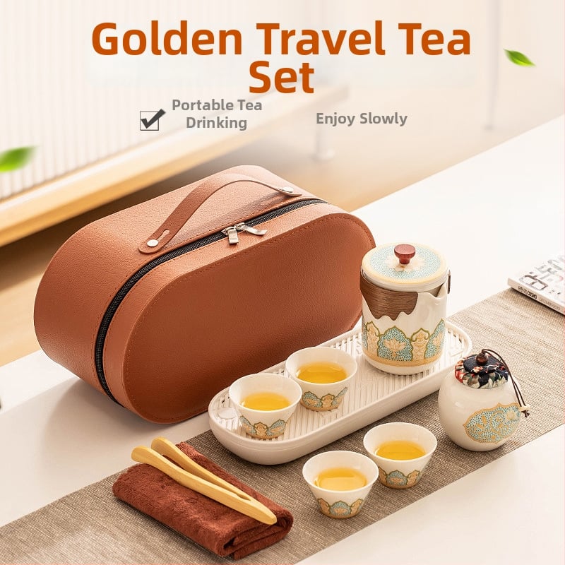 Κεραμικό ταξιδιωτικό σετ τσαγιού με 1 τσαγιέρα και 4 φλυτζάνια, φορητή δερμάτινη θήκη μεταφοράς, περιλαμβάνει δίσκο τσαγιού και δυνατότητα προσαρμογής λογότυπου