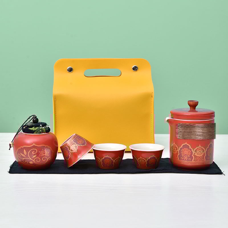 Κεραμικό ταξιδιωτικό σετ τσαγιού με 1 τσαγιέρα και 4 φλυτζάνια, φορητή δερμάτινη θήκη μεταφοράς, περιλαμβάνει δίσκο τσαγιού και δυνατότητα προσαρμογής λογότυπου