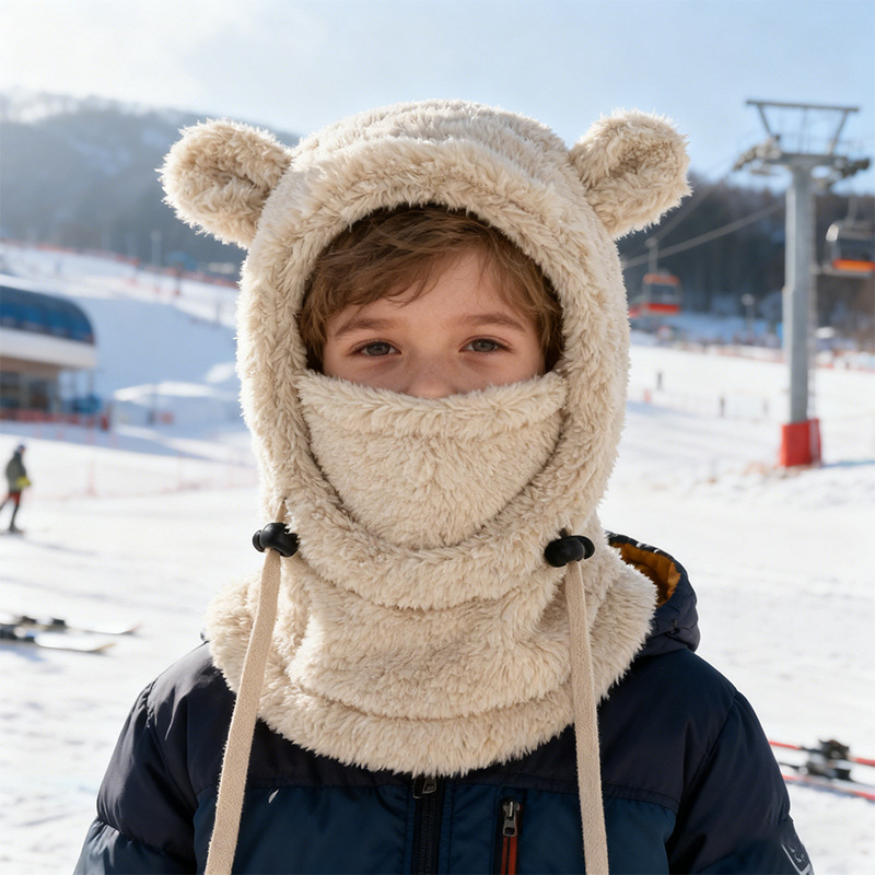 Kapuljača za djecu s dizajnom medvjeđih ušiju, otporna na vjetar, s ugrađenim ovratnikom za toplinu, Shu cotton velvet materijal, za djecu od 2 do 10 godina