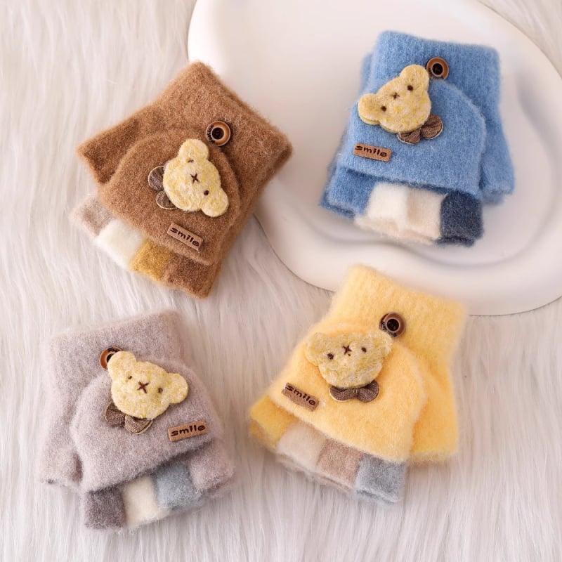 Vaikiškos žieminės pusiau pirštų pirštinės su atlenkiamu gaubteliu, nailonas, unisex, animacinis raštas, 1–3 metų amžius