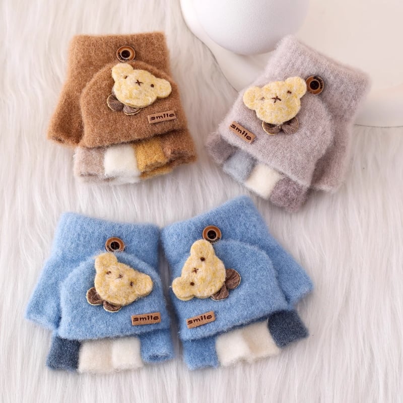 Vaikiškos žieminės pusiau pirštų pirštinės su atlenkiamu gaubteliu, nailonas, unisex, animacinis raštas, 1–3 metų amžius