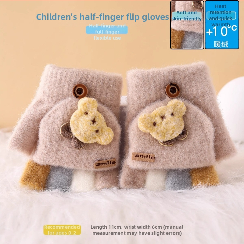 Vaikiškos žieminės pusiau pirštų pirštinės su atlenkiamu gaubteliu, nailonas, unisex, animacinis raštas, 1–3 metų amžius