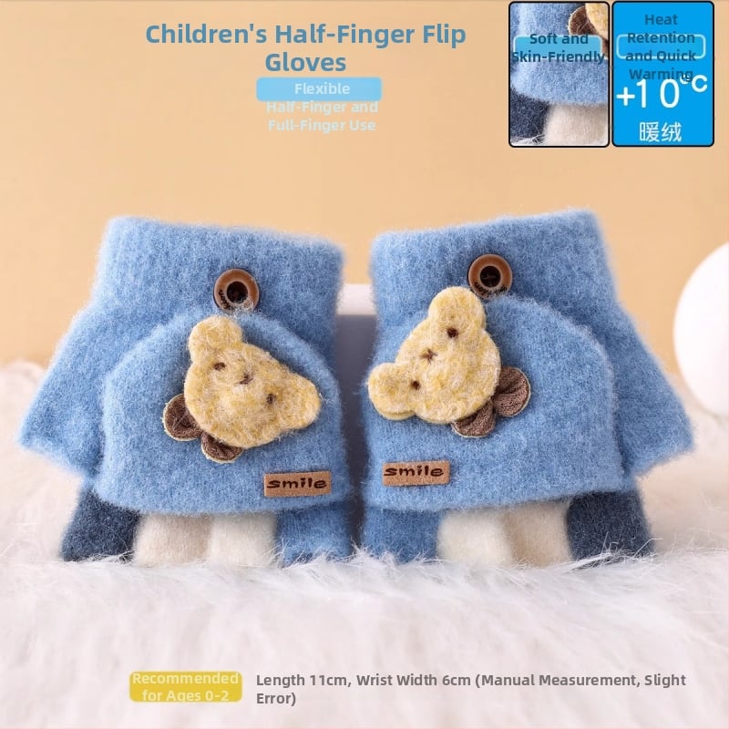 Vaikiškos žieminės pusiau pirštų pirštinės su atlenkiamu gaubteliu, nailonas, unisex, animacinis raštas, 1–3 metų amžius