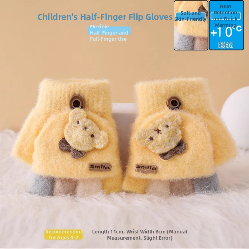 Vaikiškos žieminės pusiau pirštų pirštinės su atlenkiamu gaubteliu, nailonas, unisex, animacinis raštas, 1–3 metų amžius