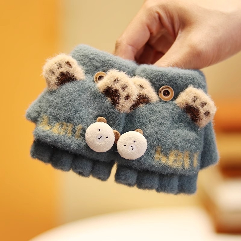 Vaikiškos žieminės pusiau pirštų pirštinės su atlenkiamu gaubteliu, nailonas, unisex, animacinis raštas, 1–3 metų amžius